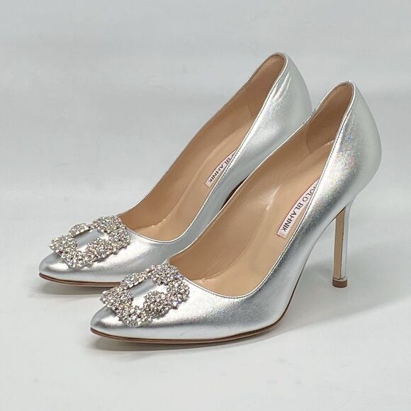 Manolo Blahnik Hangisi 105MM Crystal Buckle Leather Pumps size 37.5 - Picture 6 of 16